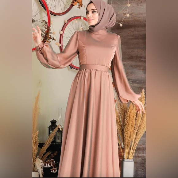 URBAN MODESTY Satin Belted Maxi Dress Gown Inaya XL $166 Wedding Prom Modest NWT - Picture 2 of 3